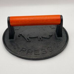 7" Inch Cast Iron Round Bacon Burger Press with Wood Handle